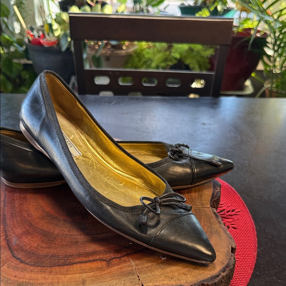 Prada Black Leather Bow Flats
